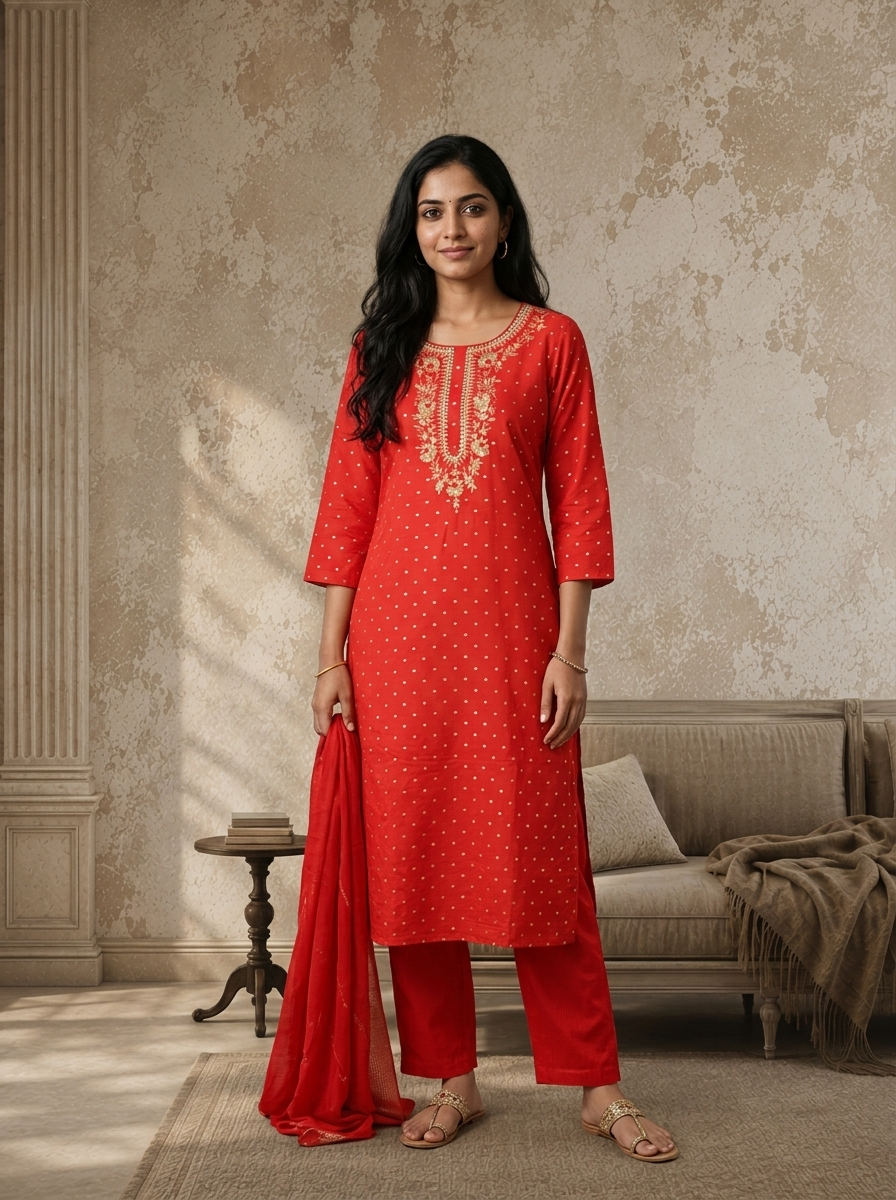 Red Silk Zari Diamond Boota Weaved Three Piece Set