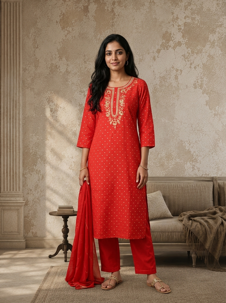 Red Silk Zari Diamond Boota Weaved Three Piece Set