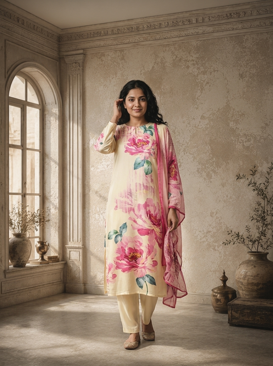 Cream Satin Peony Digital Floral Printed Three Piece Set