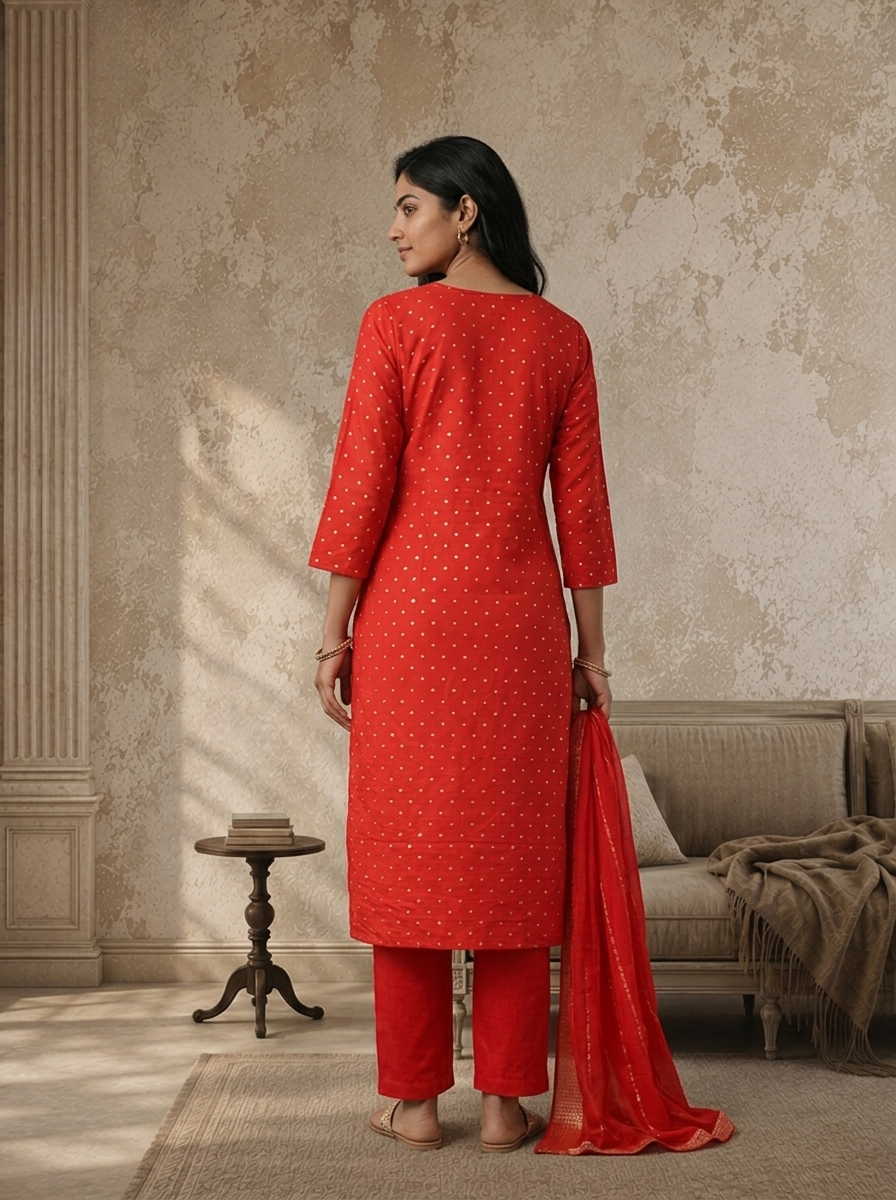 Red Silk Zari Diamond Boota Weaved Three Piece Set