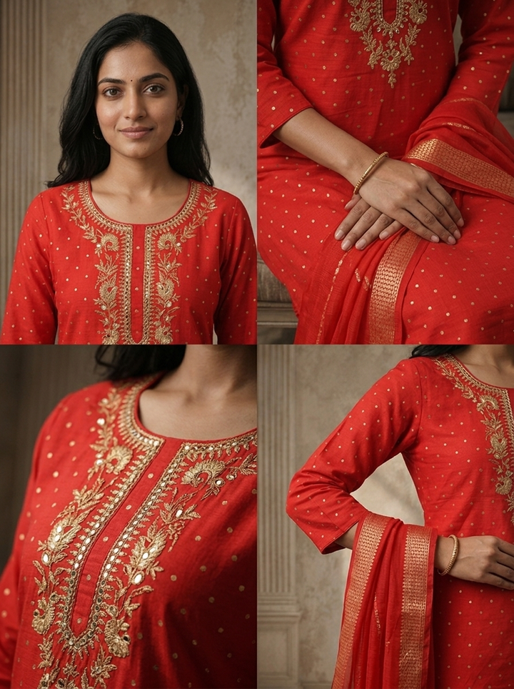 Red Silk Zari Diamond Boota Weaved Three Piece Set