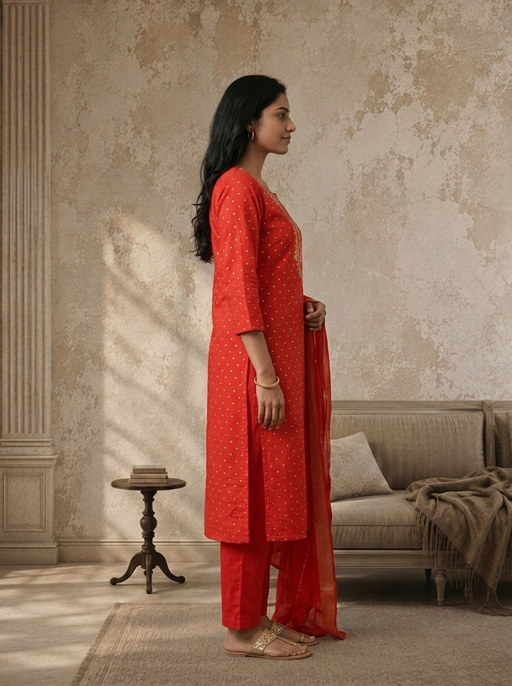 Red Silk Zari Diamond Boota Weaved Three Piece Set