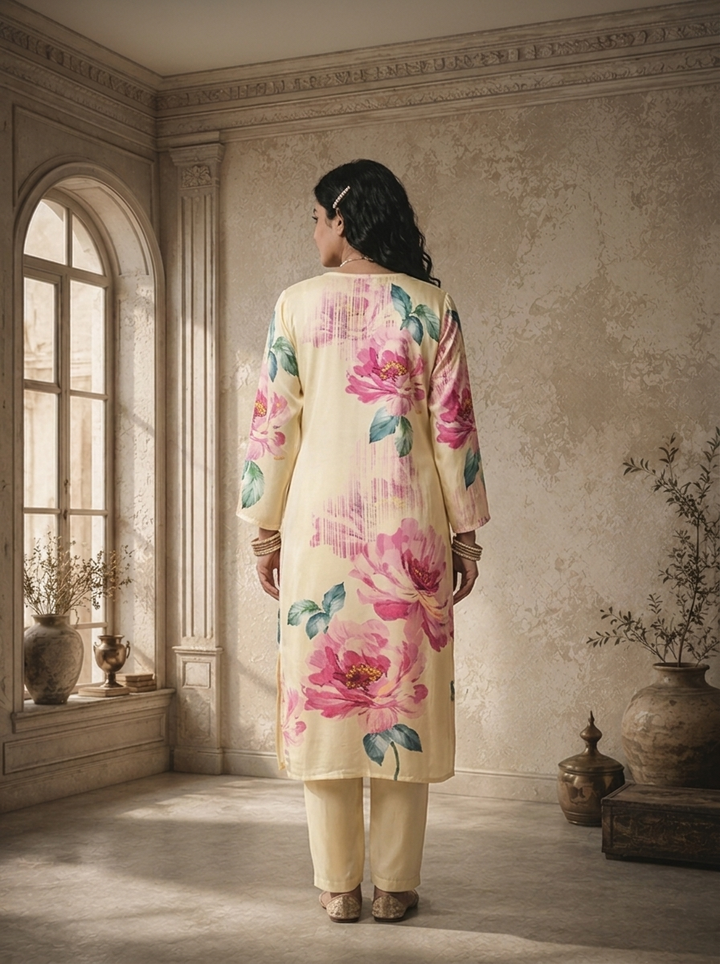 Cream Satin Peony Digital Floral Printed Three Piece Set