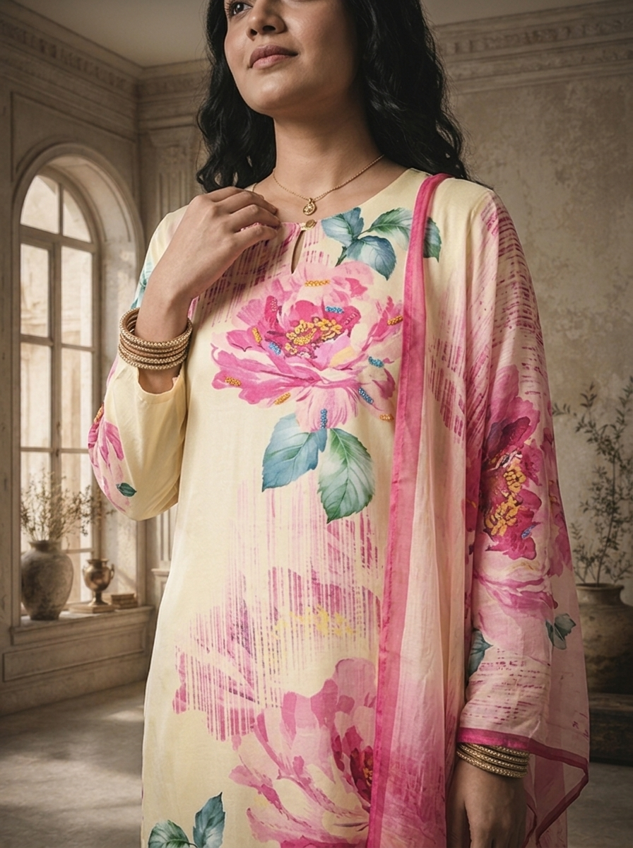 Cream Satin Peony Digital Floral Printed Three Piece Set
