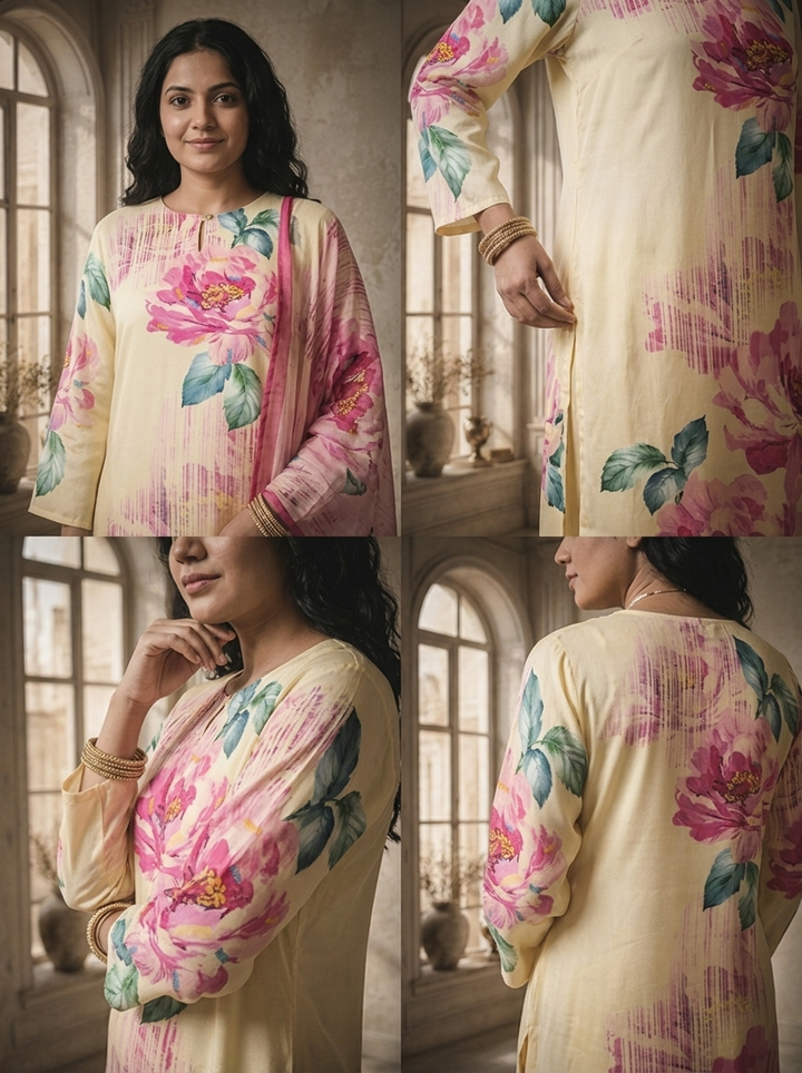 Cream Satin Peony Digital Floral Printed Three Piece Set