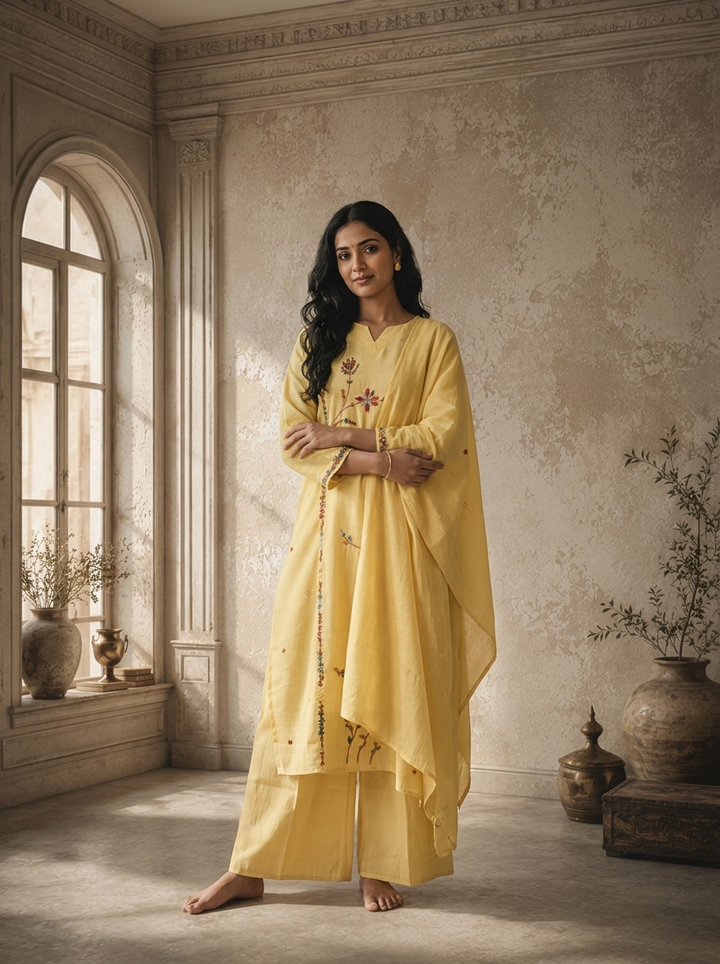 Cream Silk Asymmetric Floral Boota Embroidered Three Piece Set