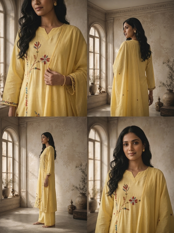 Cream Silk Asymmetric Floral Boota Embroidered Three Piece Set