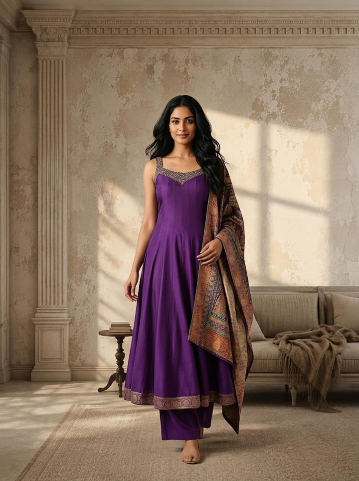 Purple Silk Multi-color Banarasi Printed Three Piece Set