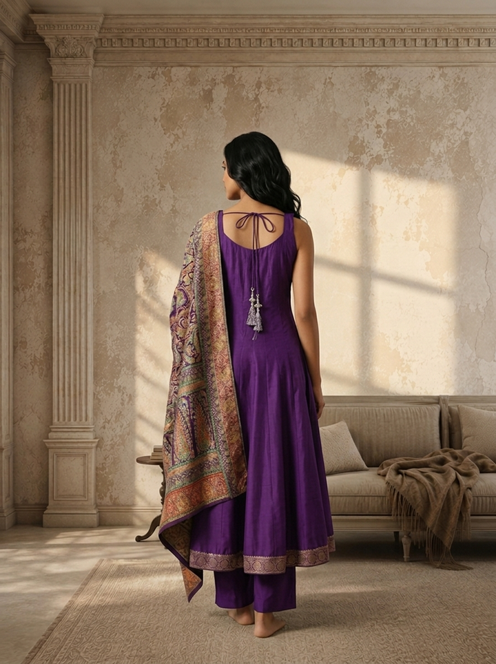 Purple Silk Multi-color Banarasi Printed Three Piece Set