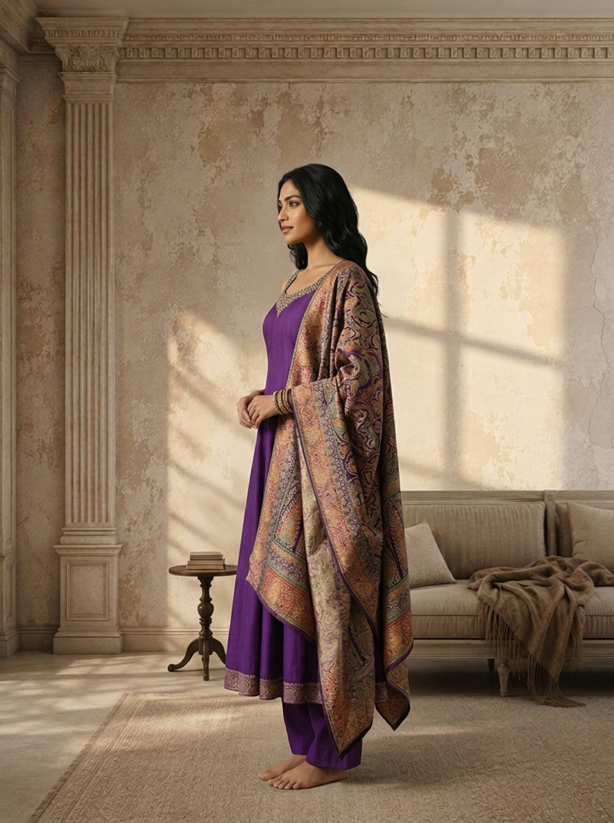 Purple Silk Multi-color Banarasi Printed Three Piece Set