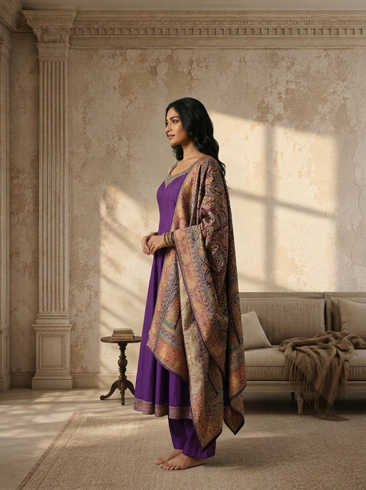 Purple Silk Multi-color Banarasi Printed Three Piece Set