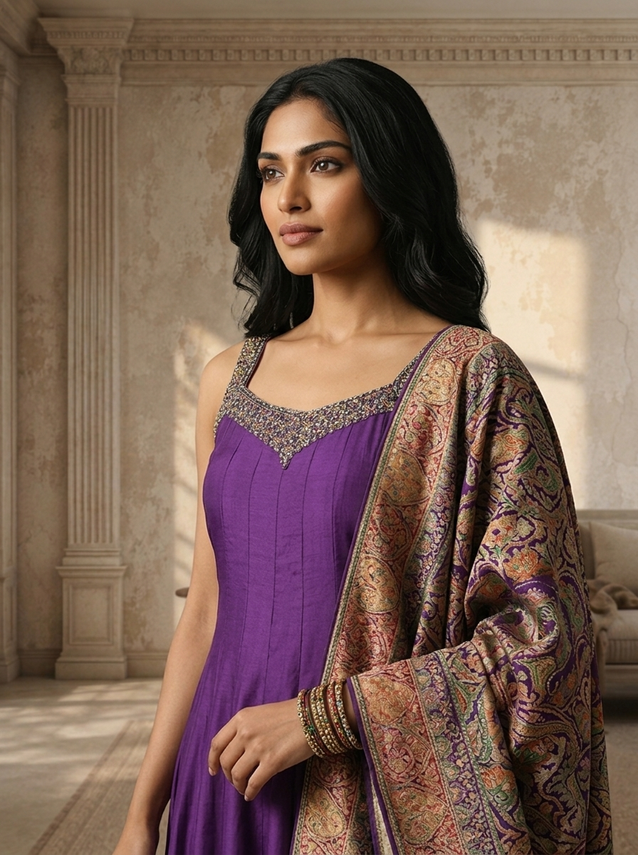 Purple Silk Multi-color Banarasi Printed Three Piece Set