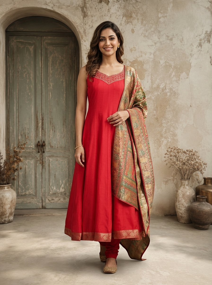 Rani Pink Silk Multi-color Banarasi Printed Three Piece Set
