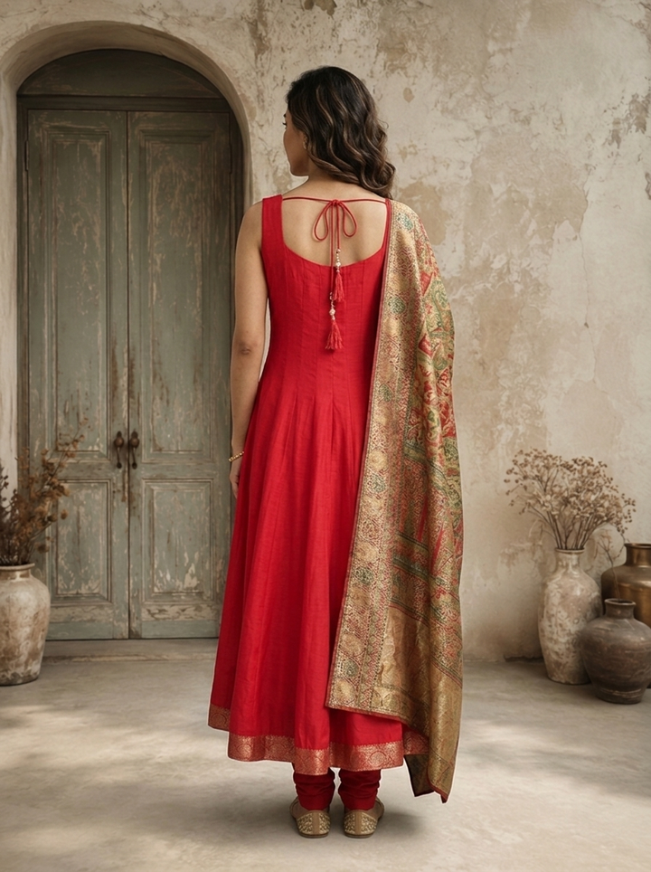 Rani Pink Silk Multi-color Banarasi Printed Three Piece Set