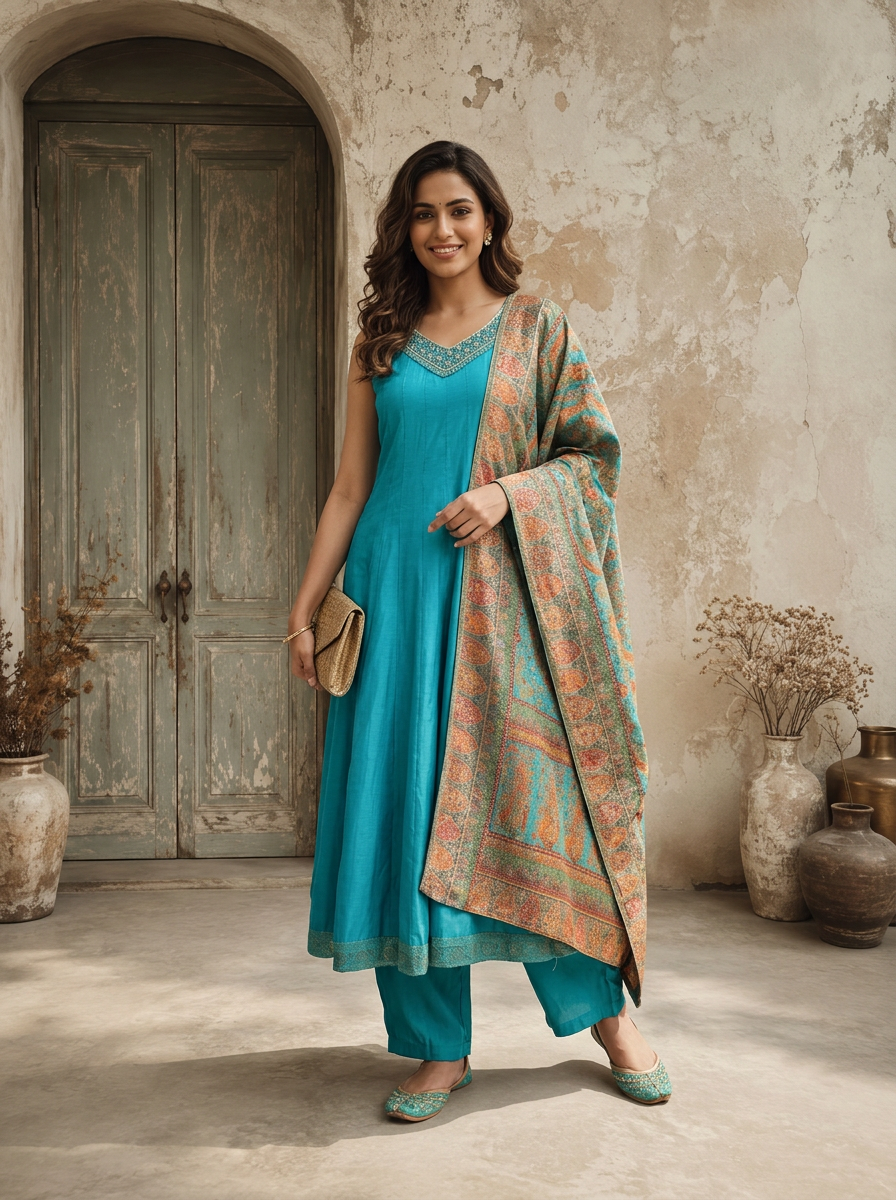 Rama Silk Multi-color Banarasi Printed Three Piece Set