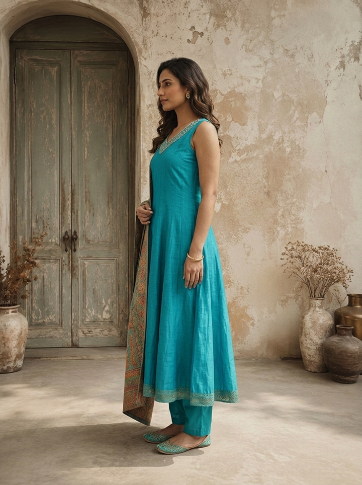 Rama Silk Multi-color Banarasi Printed Three Piece Set