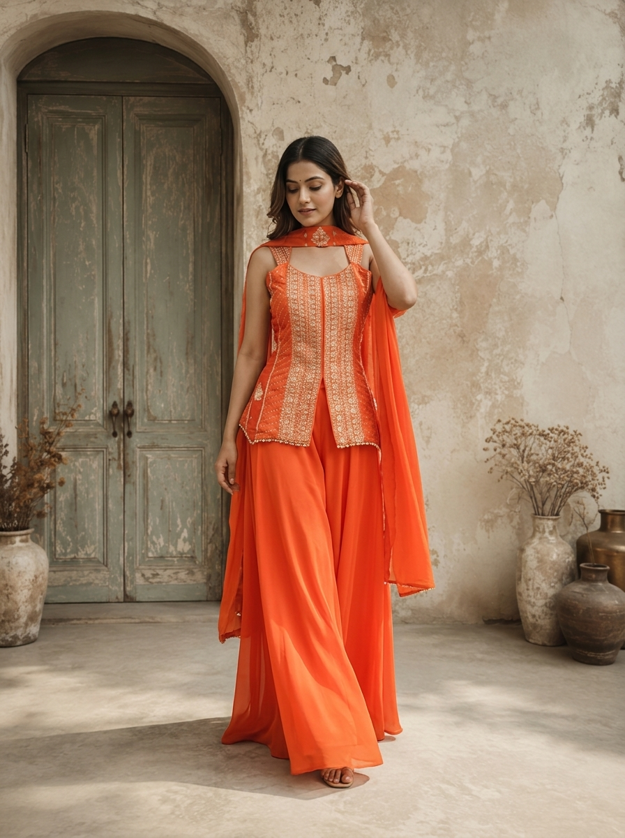 Orange Crepe Zari Embroidered Three Piece Set