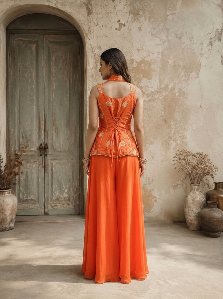 Orange Crepe Zari Embroidered Three Piece Set