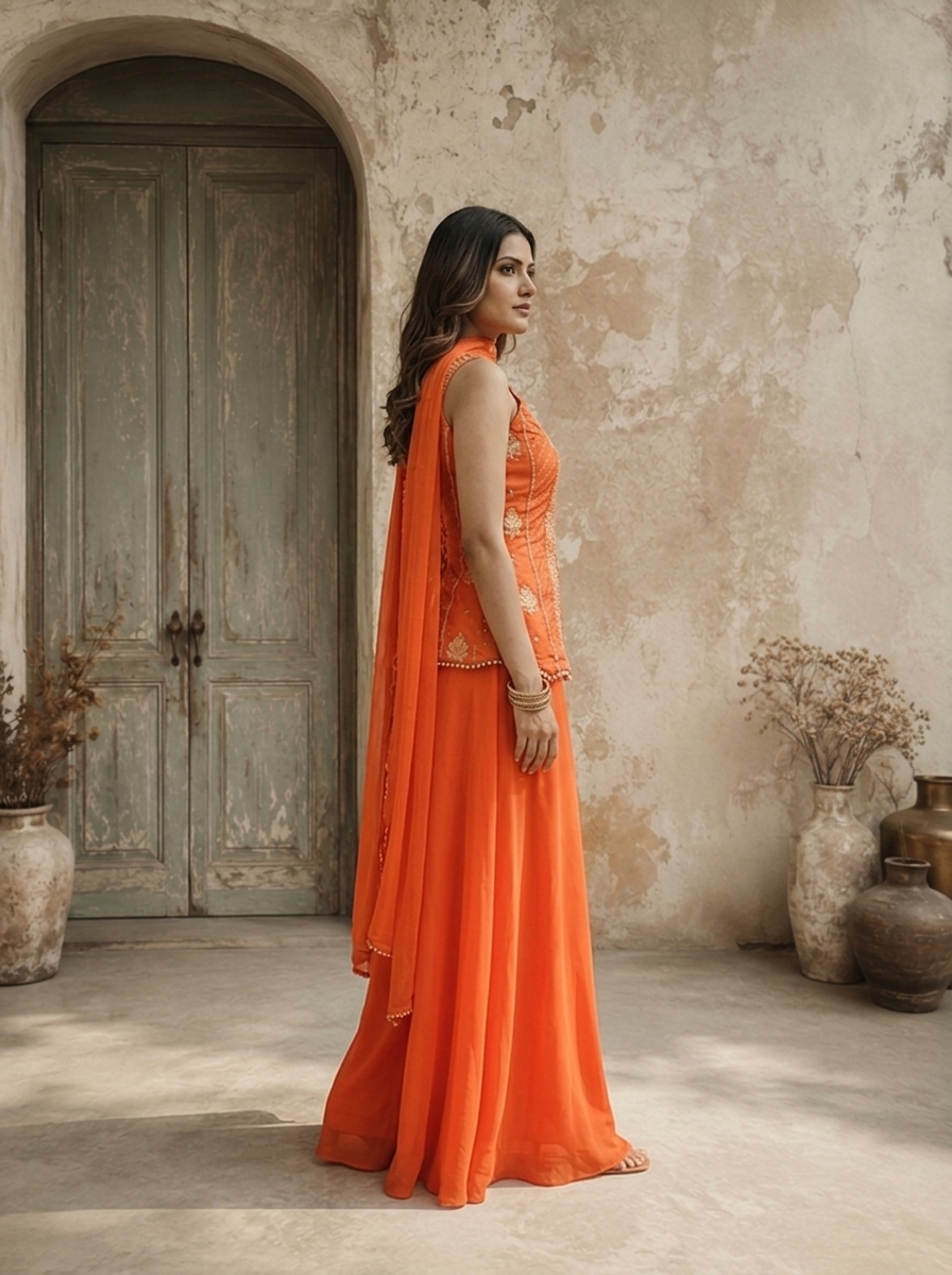 Orange Crepe Zari Embroidered Three Piece Set