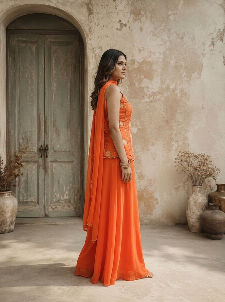 Orange Crepe Zari Embroidered Three Piece Set