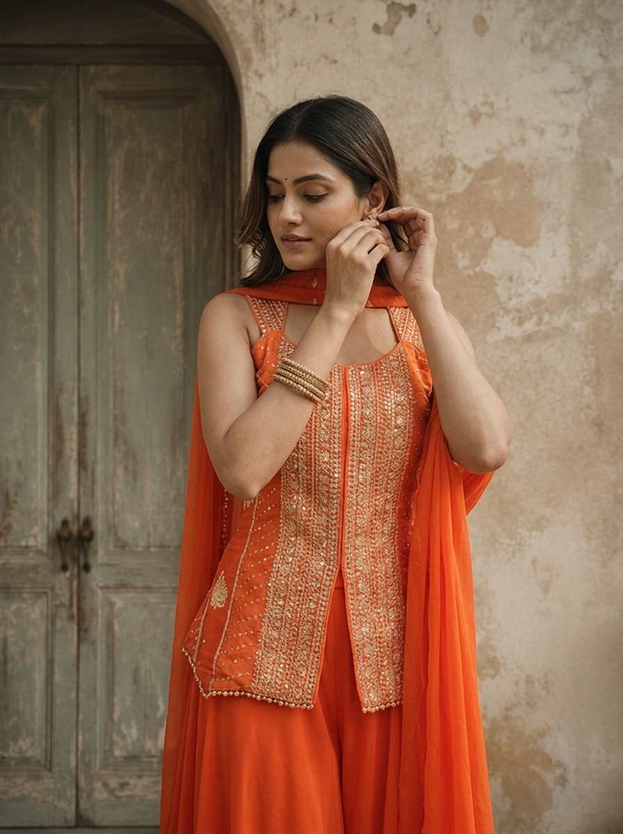 Orange Crepe Zari Embroidered Three Piece Set