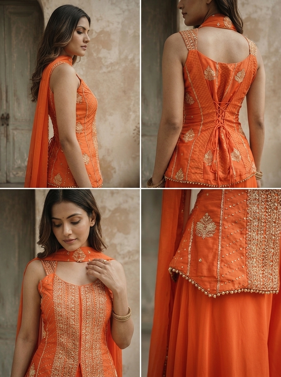 Orange Crepe Zari Embroidered Three Piece Set