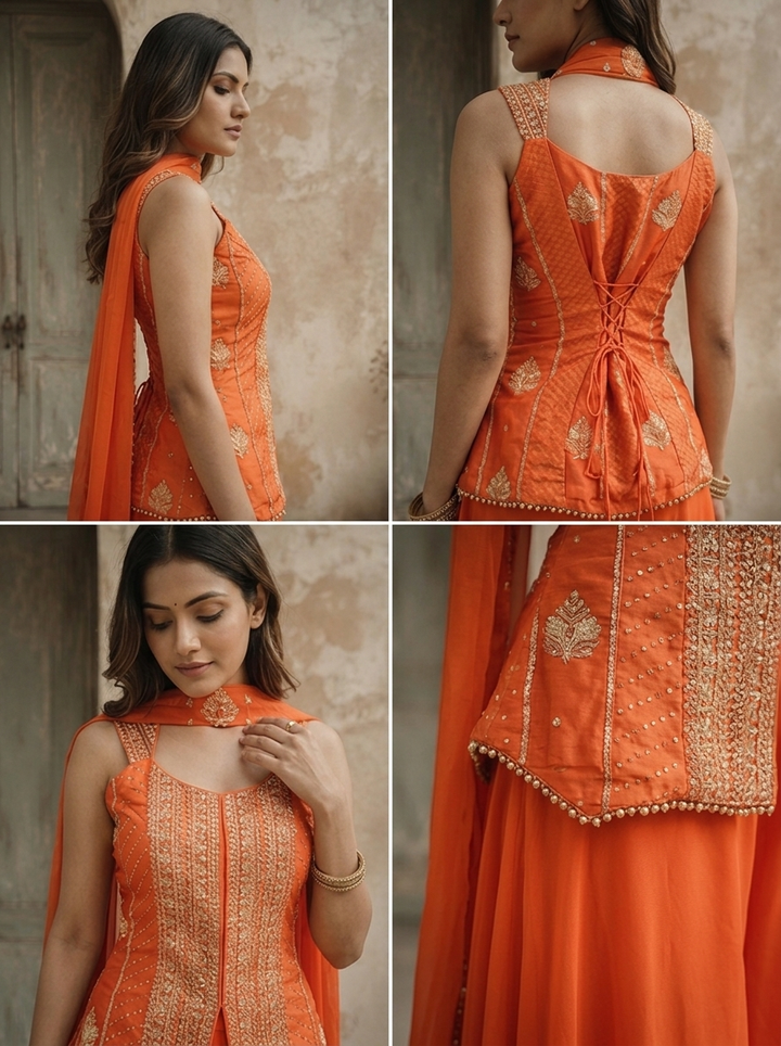 Orange Crepe Zari Embroidered Three Piece Set