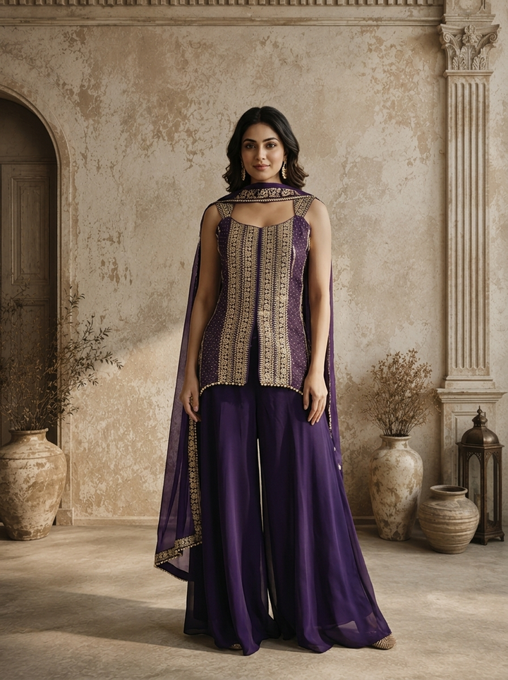 Purple Crepe Zari Embroidered Three Piece Set