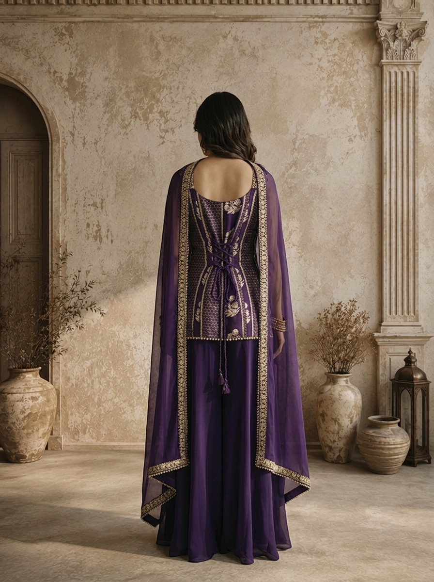 Purple Crepe Zari Embroidered Three Piece Set