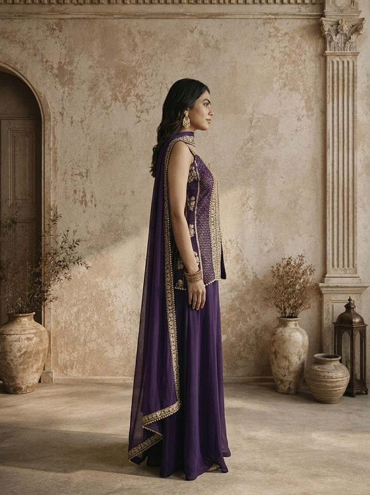 Purple Crepe Zari Embroidered Three Piece Set