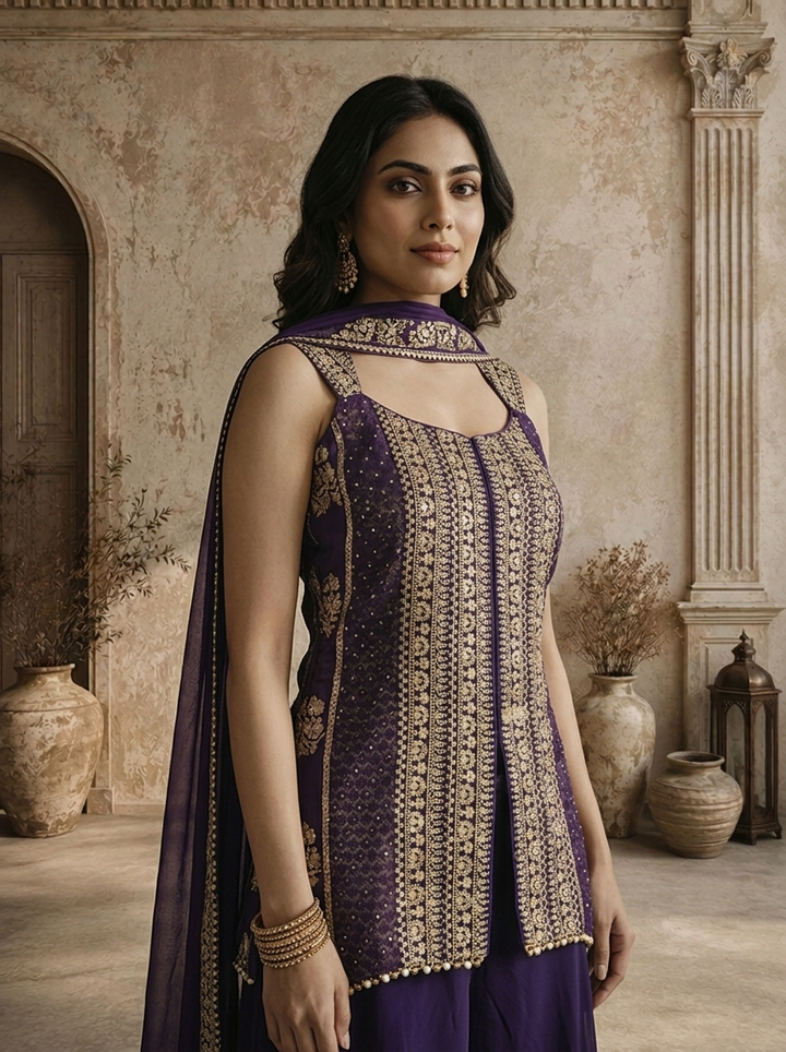 Purple Crepe Zari Embroidered Three Piece Set