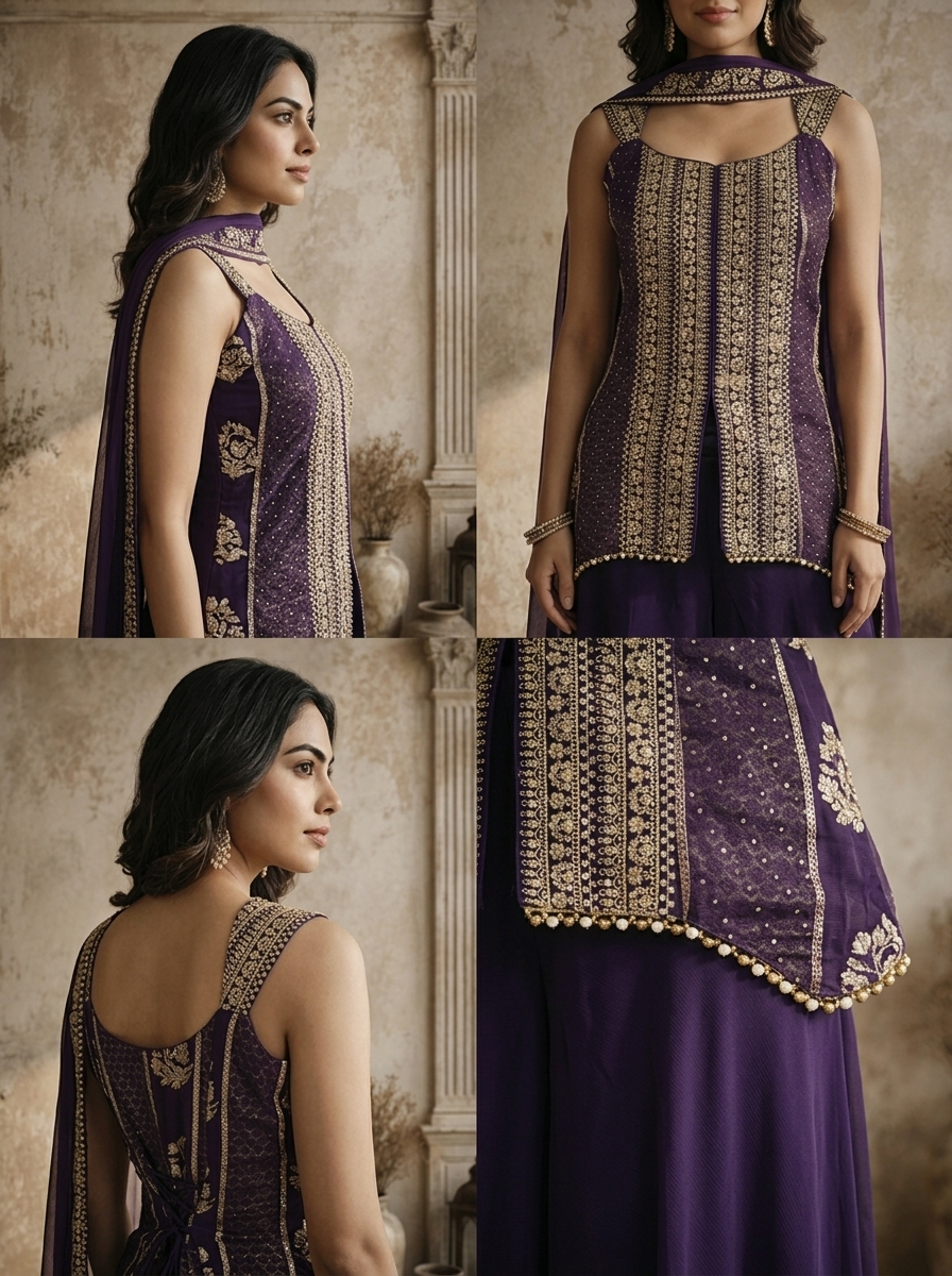 Purple Crepe Zari Embroidered Three Piece Set