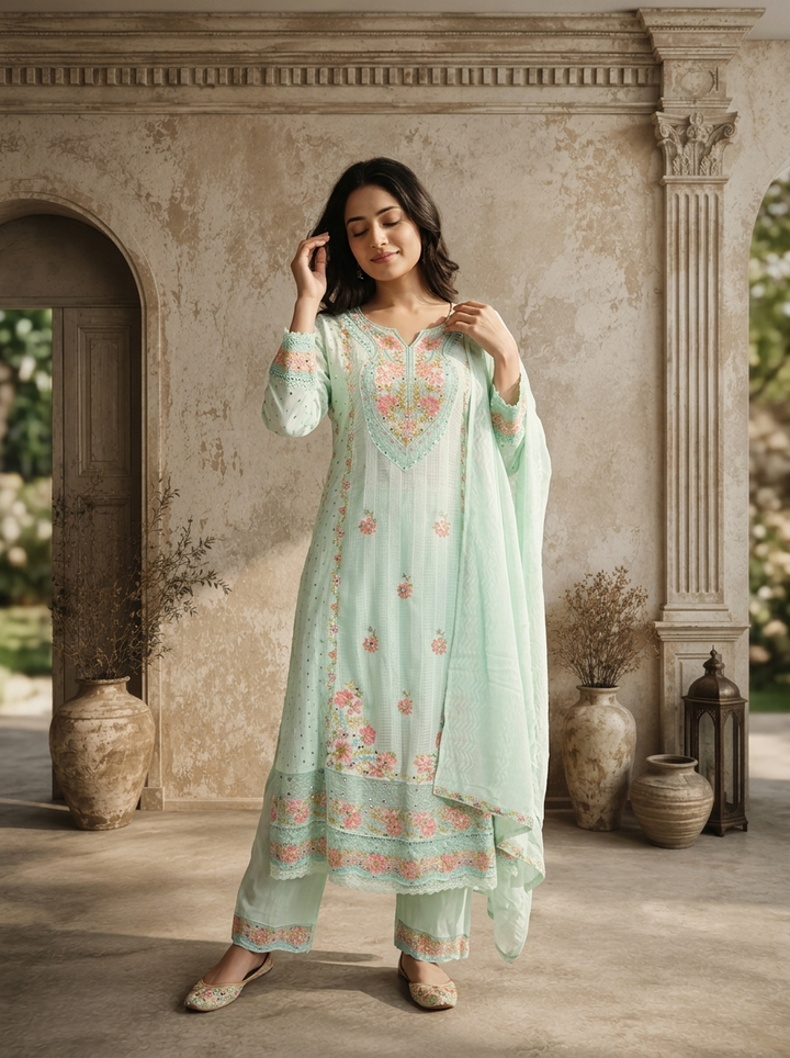 Mint Muslin Multicolor Floral Thread Embroidered Three Piece Set
