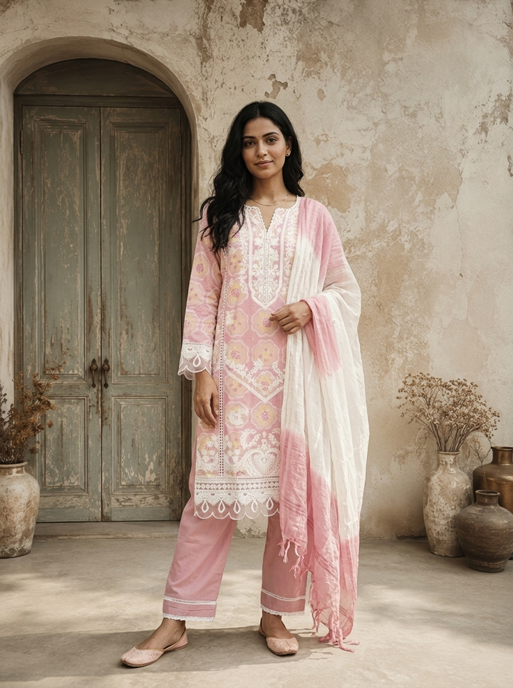 Baby Pink Cotton Vintage Mughal Boota Printed Three Piece Set