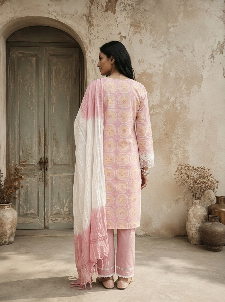 Baby Pink Cotton Vintage Mughal Boota Printed Three Piece Set
