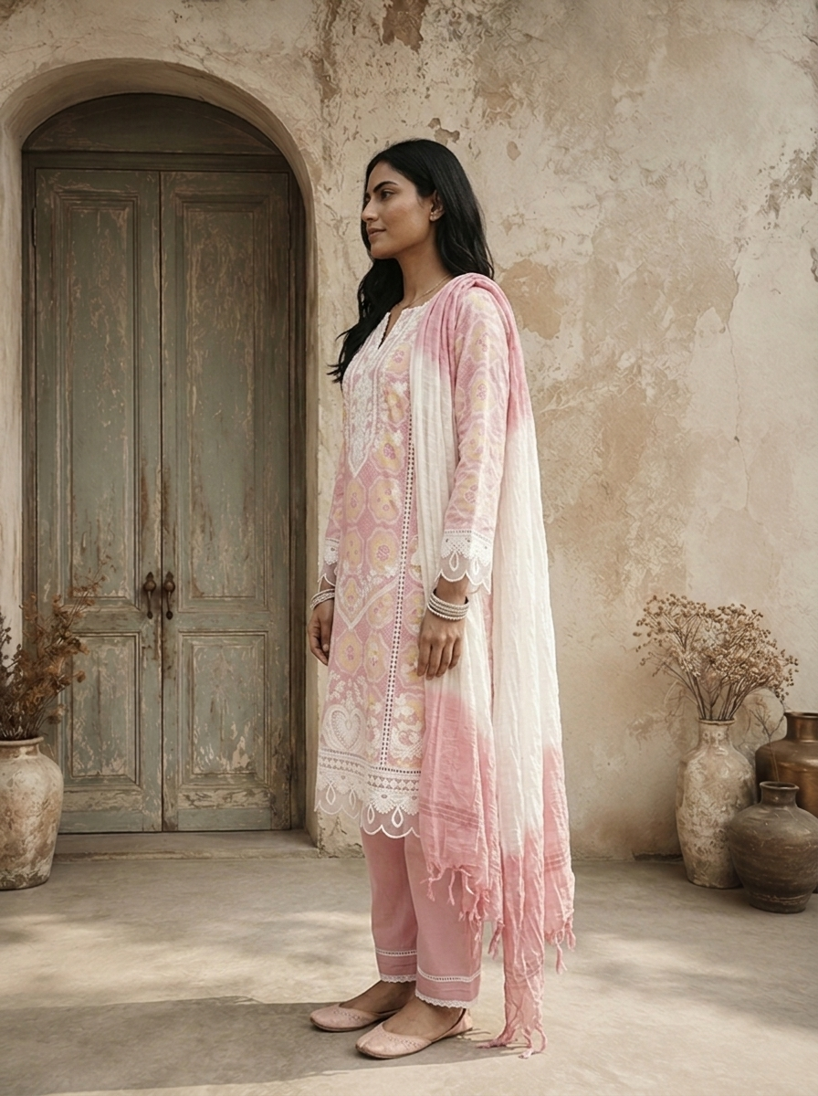 Baby Pink Cotton Vintage Mughal Boota Printed Three Piece Set
