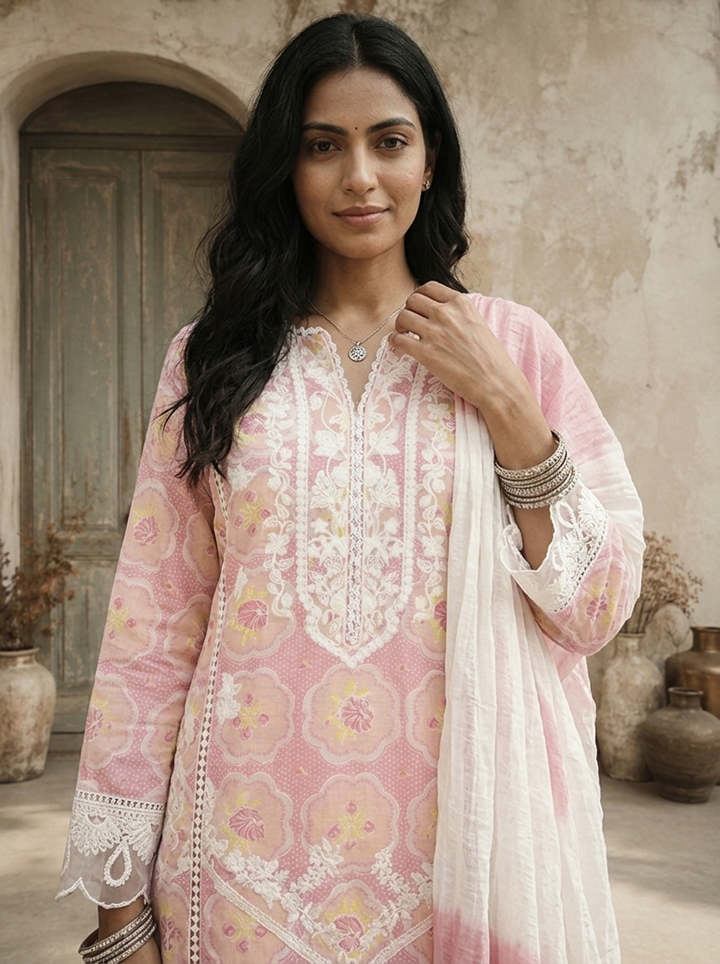 Baby Pink Cotton Vintage Mughal Boota Printed Three Piece Set
