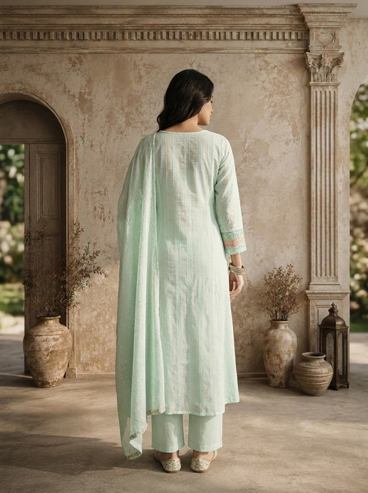 Mint Muslin Multicolor Floral Thread Embroidered Three Piece Set