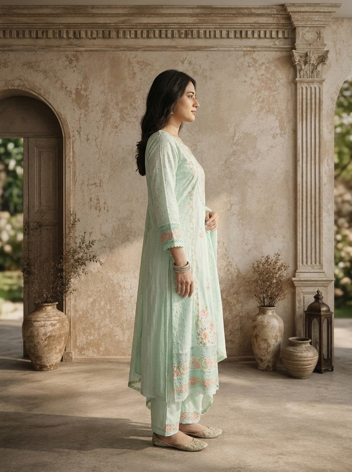 Mint Muslin Multicolor Floral Thread Embroidered Three Piece Set