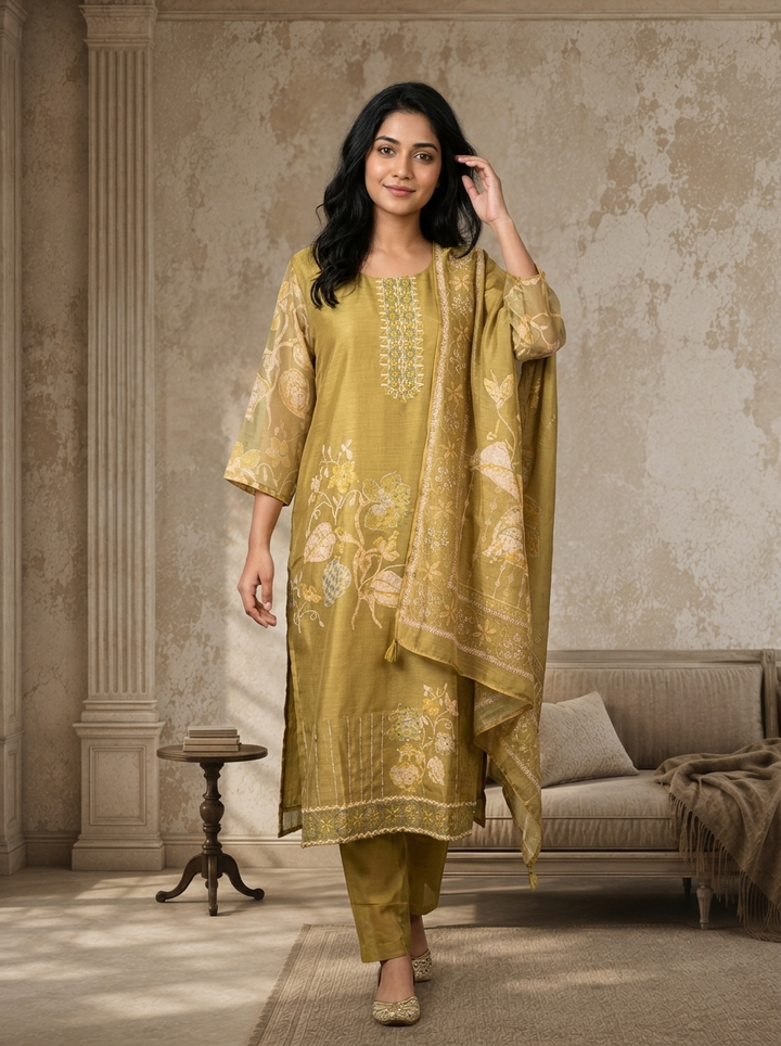 Lime Green Chanderi Pastel Leaf And Floral Printed Three Piece Set