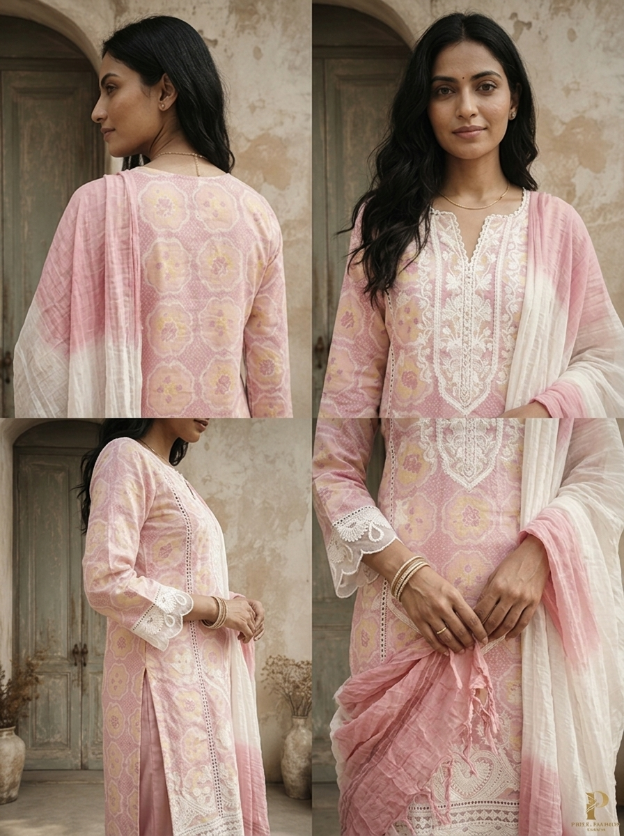 Baby Pink Cotton Vintage Mughal Boota Printed Three Piece Set