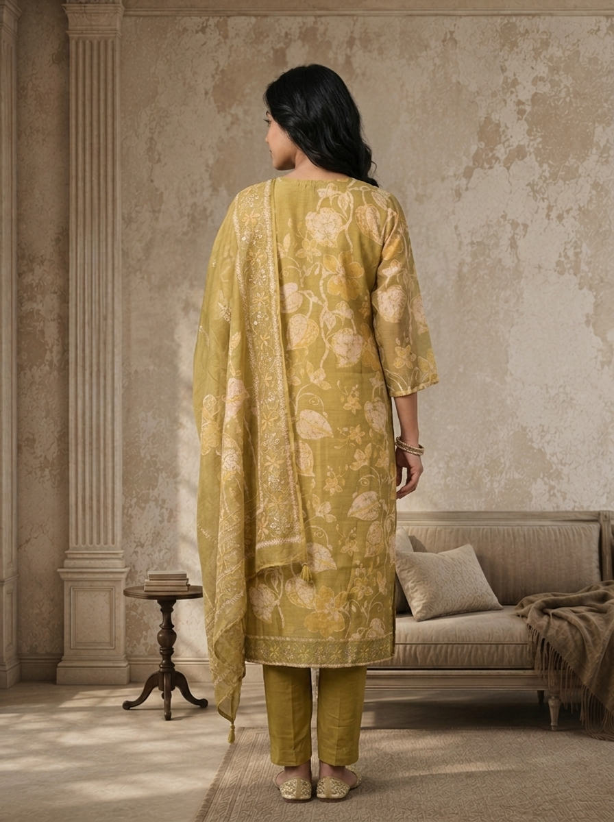 Lime Green Chanderi Pastel Leaf And Floral Printed Three Piece Set