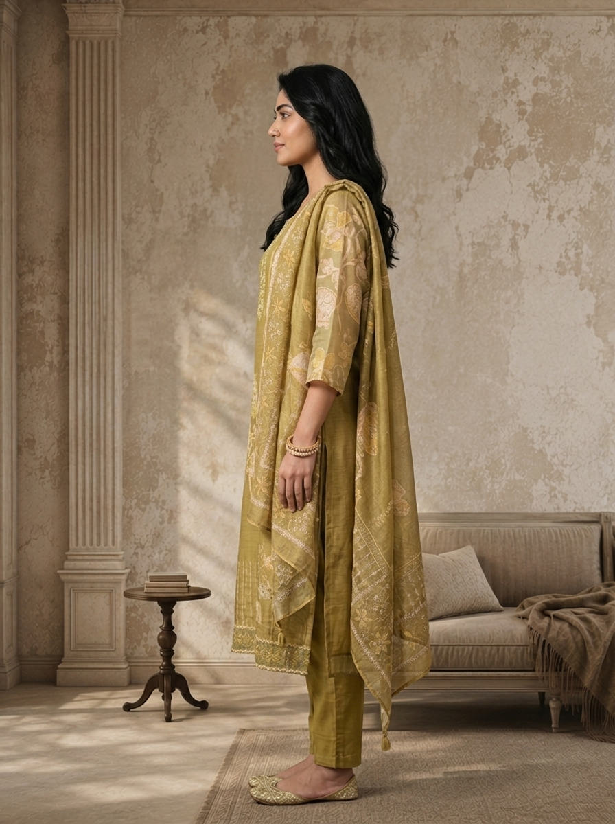 Lime Green Chanderi Pastel Leaf And Floral Printed Three Piece Set