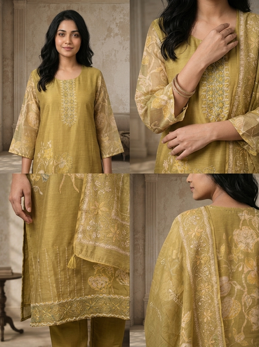 Lime Green Chanderi Pastel Leaf And Floral Printed Three Piece Set