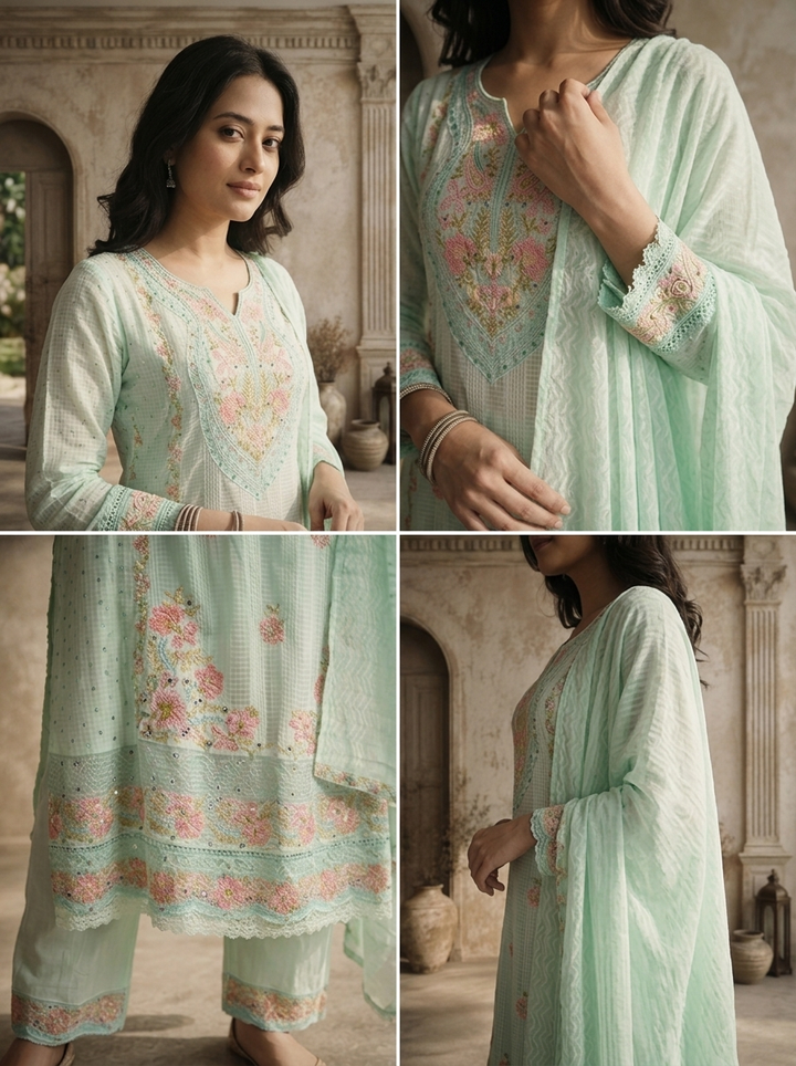 Mint Muslin Multicolor Floral Thread Embroidered Three Piece Set