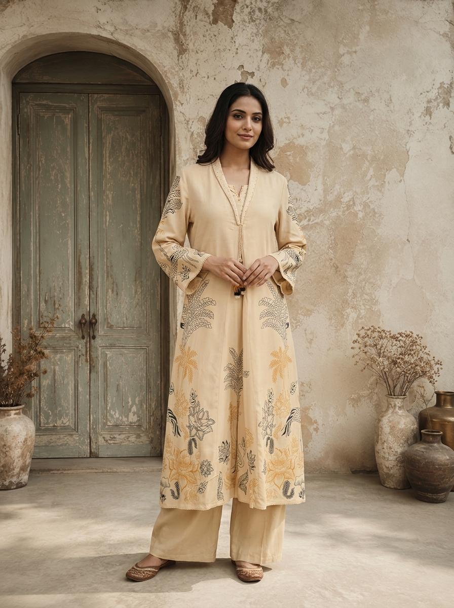 Beige Rayon Tropical Line Art Printed Two Piece Set