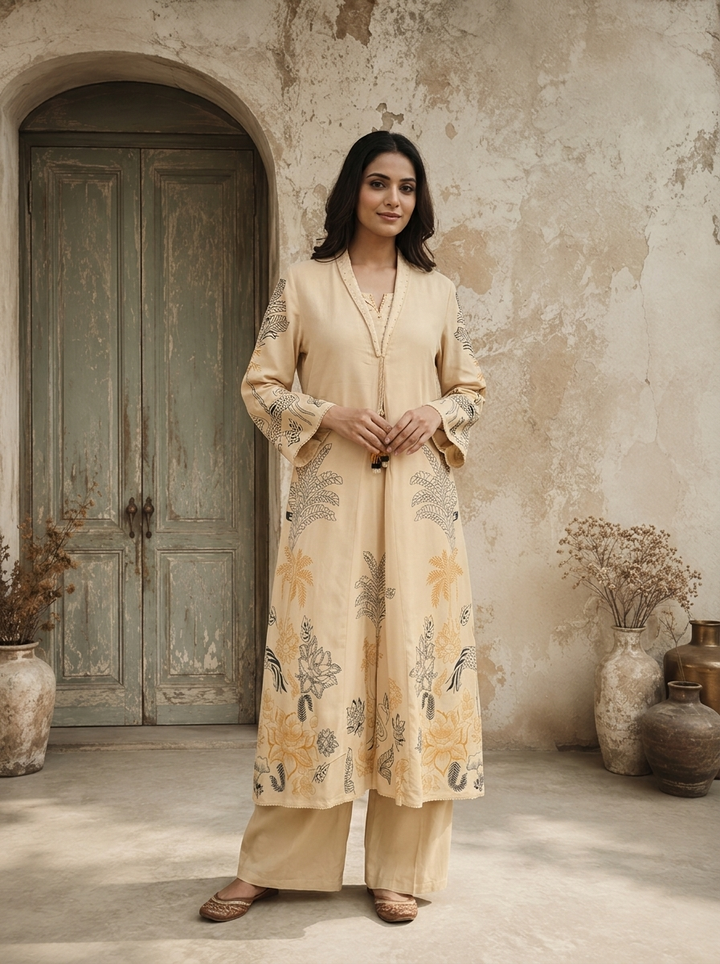 Beige Rayon Tropical Line Art Printed Two Piece Set