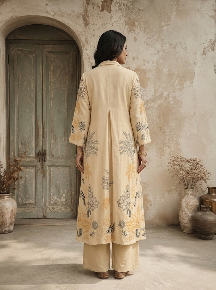 Beige Rayon Tropical Line Art Printed Two Piece Set