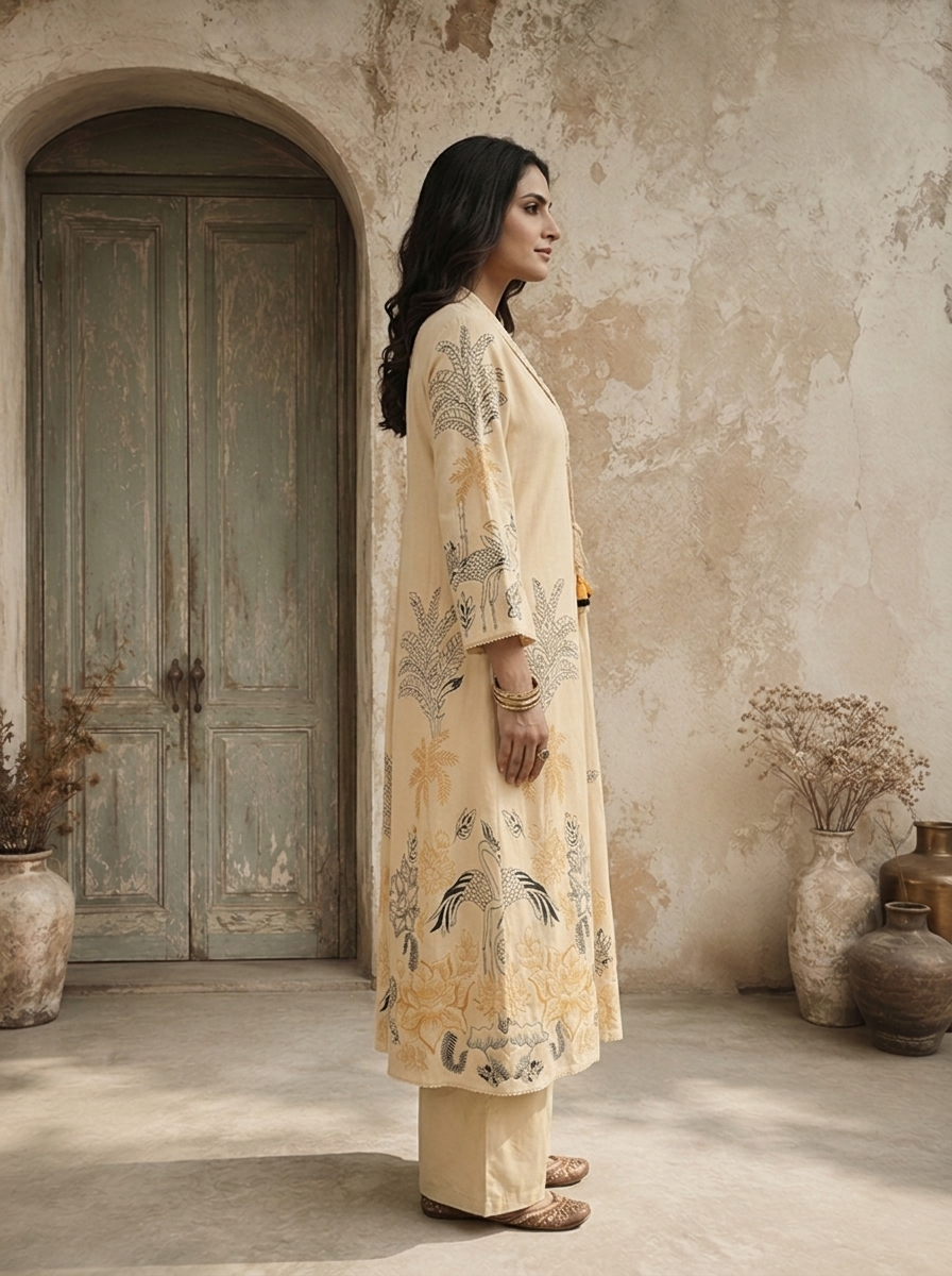 Beige Rayon Tropical Line Art Printed Two Piece Set