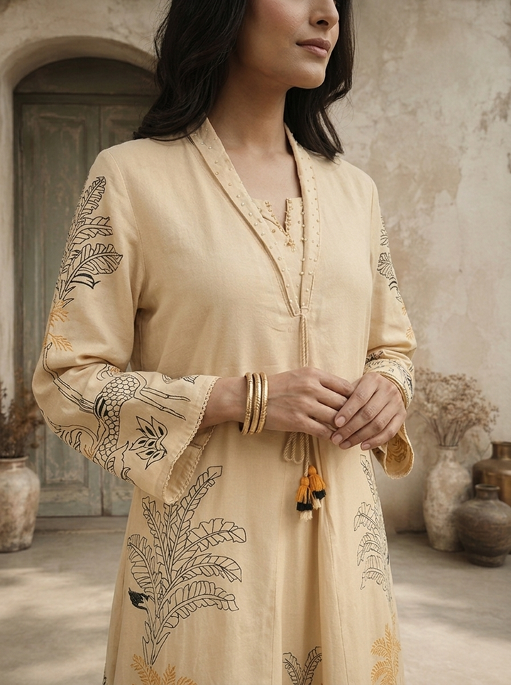 Beige Rayon Tropical Line Art Printed Two Piece Set